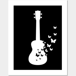 Ukulele Silhouette Turning Into Butterflies Posters and Art